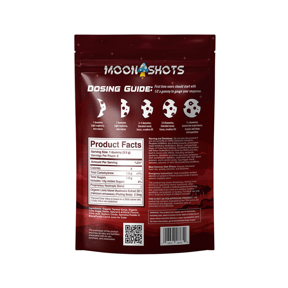Moonshots Mushroom Gummies Snozzberry 10 count bag with ingredients and nutrition facts.