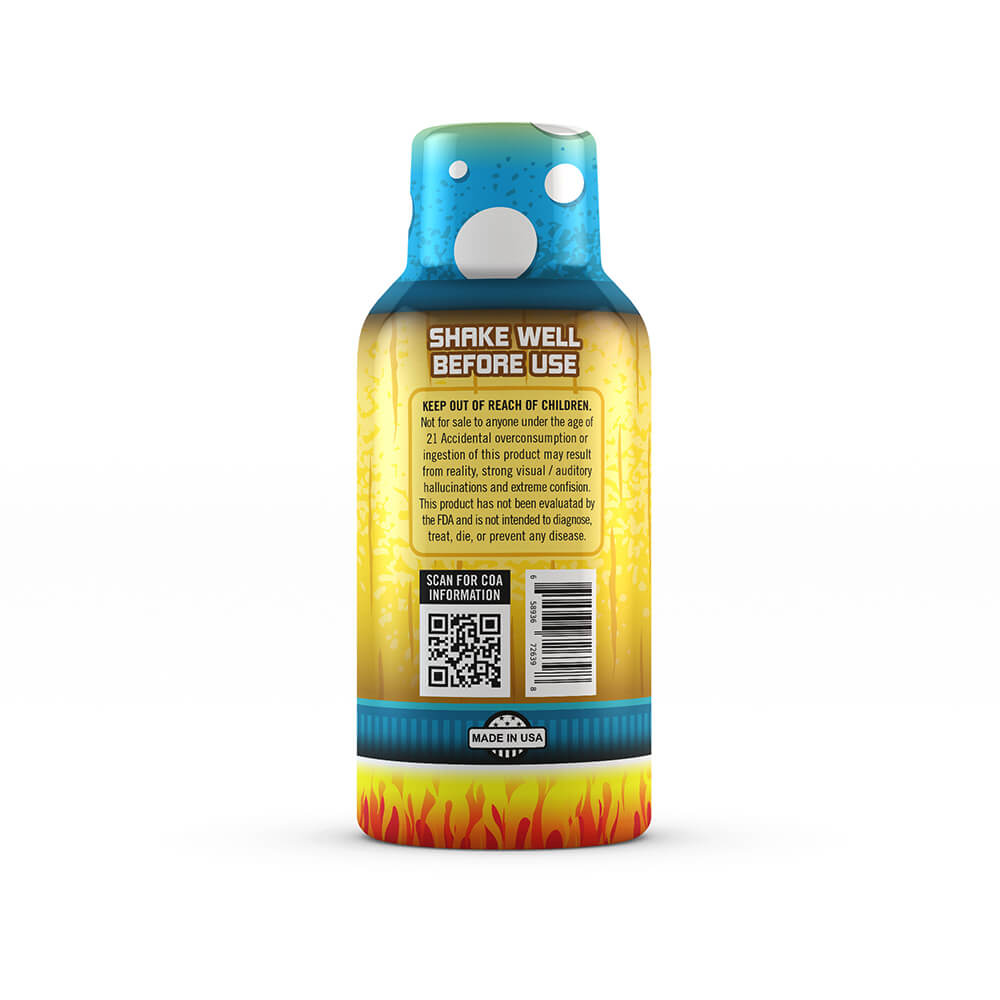 The side of Moonshots magic mushroom syrup with 2x, with 2000mg potency, showing the how to use the syrup.
