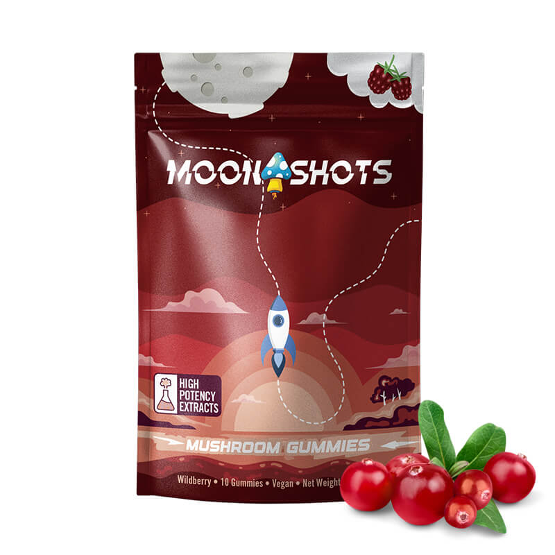 Moonshots Wildberry Mushroom Gummies 10 count bag with colorful cosmic berry design.
