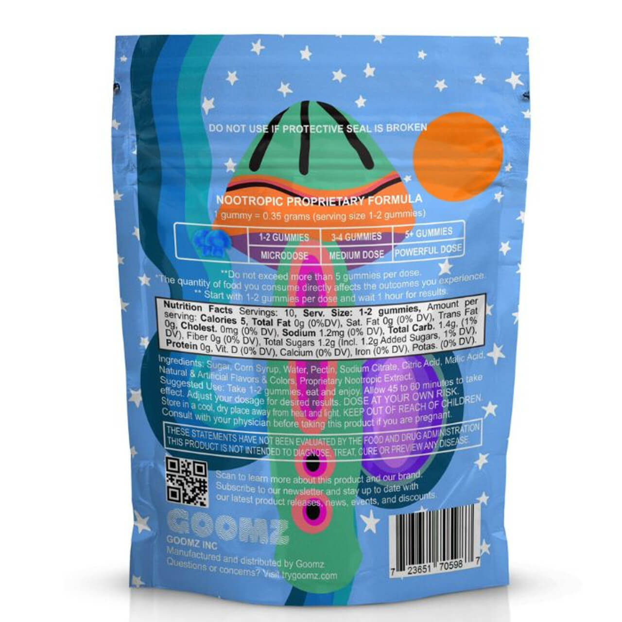 The back of the package for Goomz Starbites magic mushroom gummies showing the ingredients and nutrition facts. 