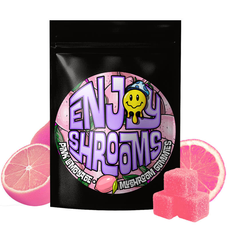 Enjoy Shrooms Bulk Pink Lemonade Mushroom Gummies 50 count bag with bright citrus flavor and bulk value.