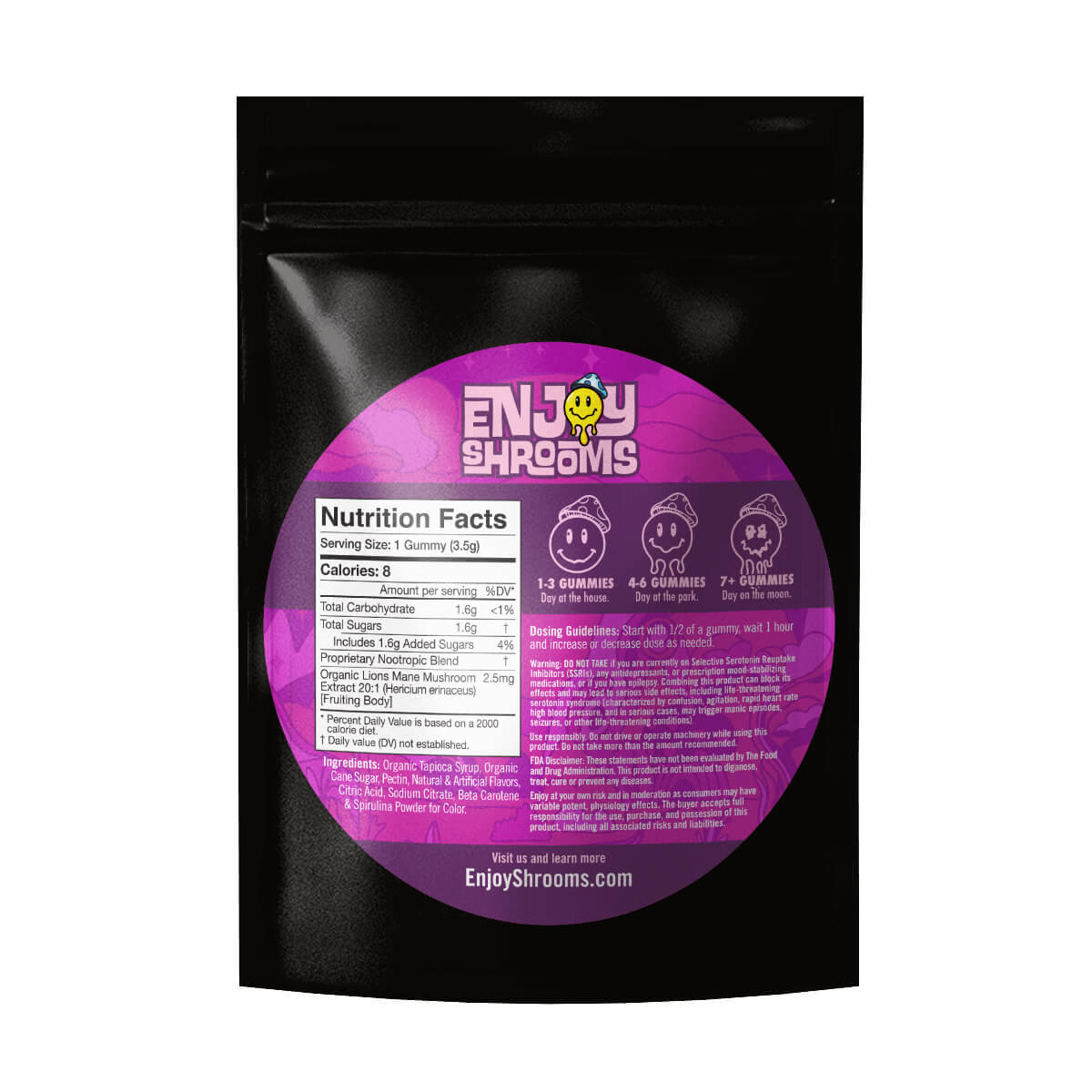 Back of Enjoy Shrooms Bulk Pink Lemonade Gummies packaging showing ingredients, bulk count, and storage details.