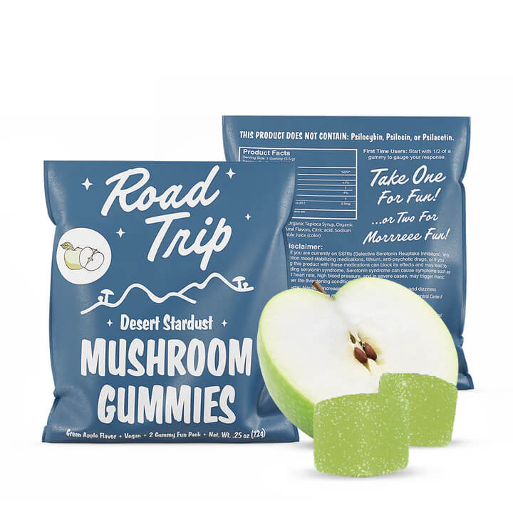 Apple flavored Road trip desert stardust mushroom gummies sample pack, comes with 2 gummies per pack. Perfect for a try-before-you-buy experience. 