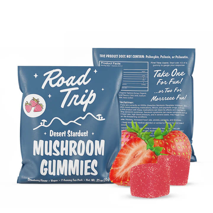 Strawberry flavored Road trip desert stardust mushroom gummies sample pack, comes with 2 gummies per pack.  Perfect for a try-before-you-buy experience. 