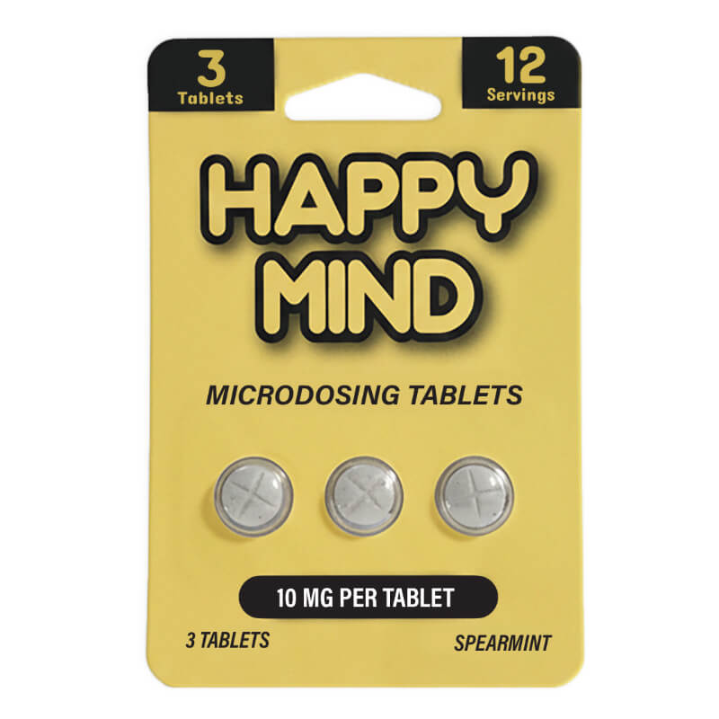 Happy Mind Spearmint Mushroom Tablets packaging highlighting 10mg Synaptic Surge maximum-strength tablet formula.