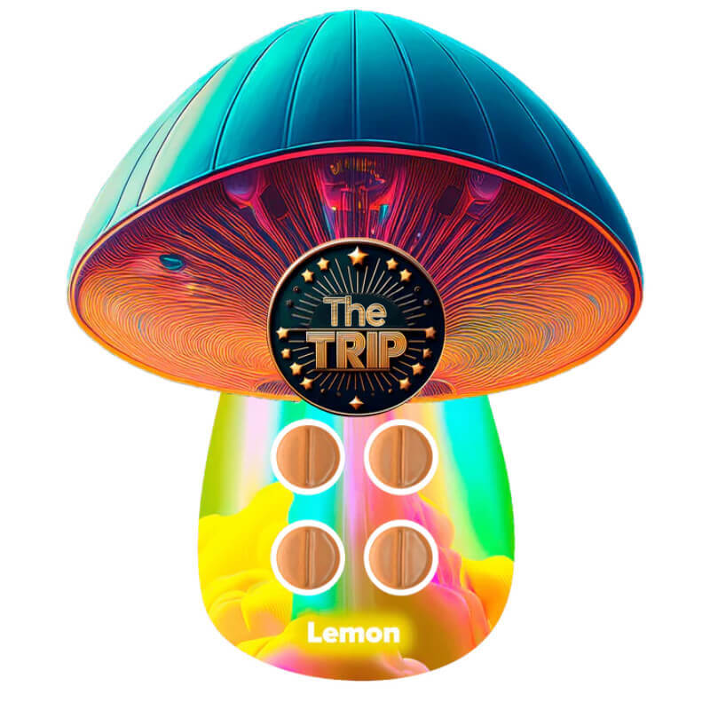 Front of The Trip Mushroom Tabs pouch – Lemon flavor with citrus imagery and psychedelic tab layout.