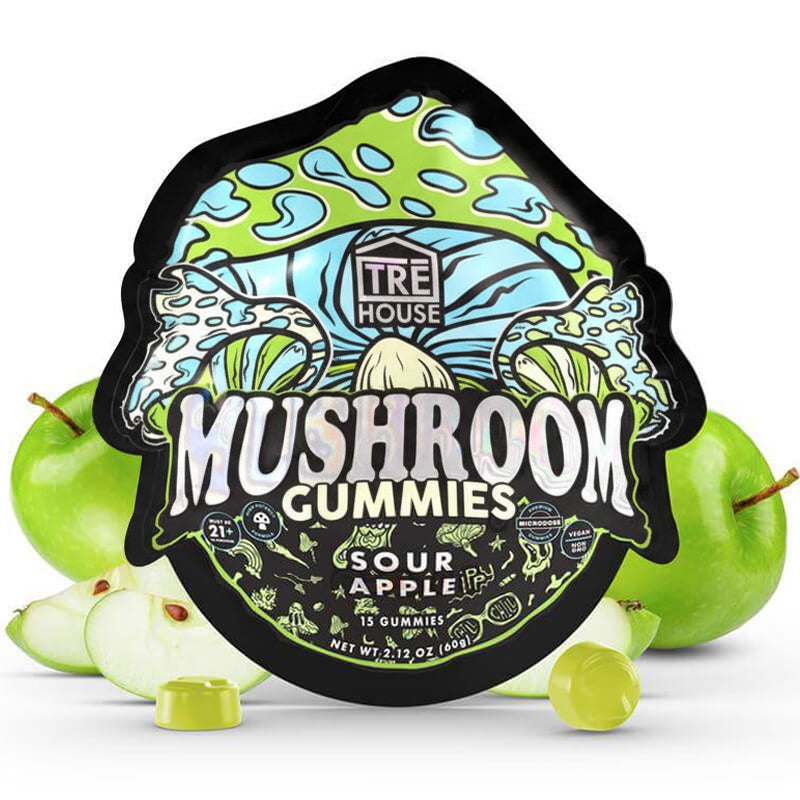 Front of TRĒ House Sour Apple Magic Mushroom Gummies pouch with bright green apple graphics and bold psychedelic branding.