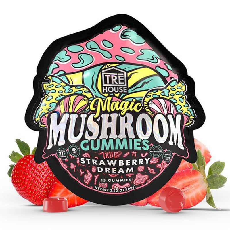  Front of TRĒ House Strawberry Dream Magic Mushroom Gummies pouch with bright strawberry visuals and dosage info.
