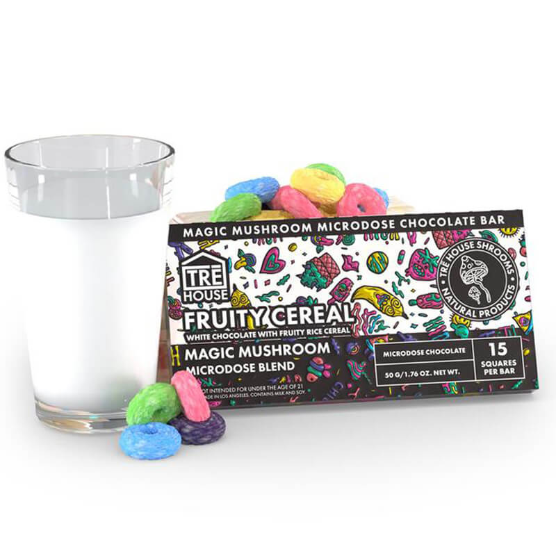 Front of TRĒ House Fruity Cereal Magic Mushroom Chocolate bar with cereal-inspired artwork and 15-square label.
