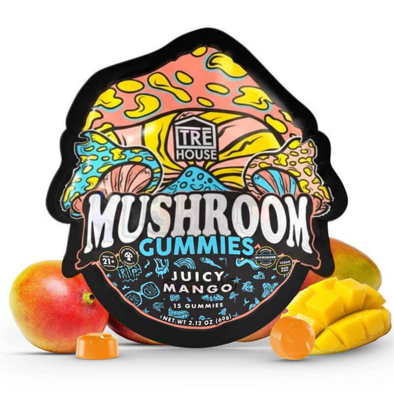 TRĒ House Juicy Mango Magic Mushroom Gummies - 15 gummies per pouch.