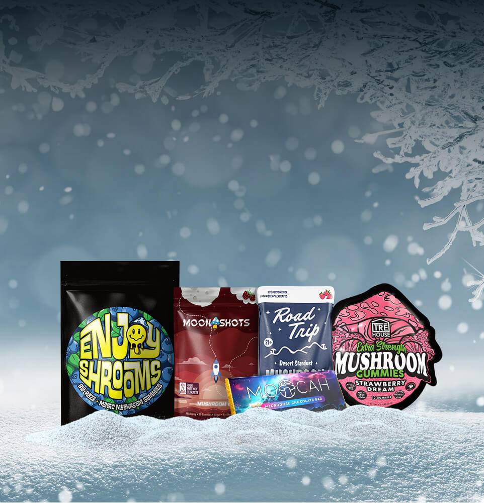 tre house, enjoy shrooms, moocah, moonshots mushroom product packages on a snowy background