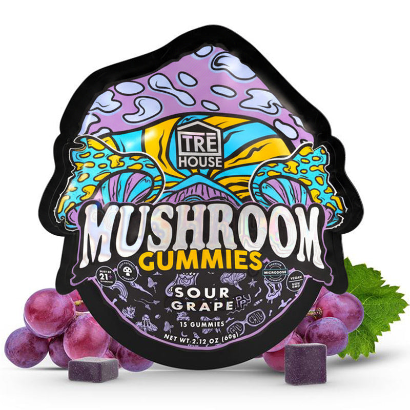 Front of TRĒ House Sour Grape Magic Mushroom Gummies bag with grape-themed artwork and psychedelic graphics.