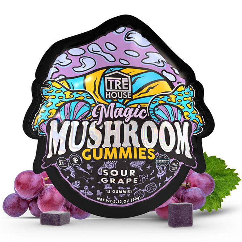  Front of TRĒ House Sour Grape Magic Mushroom Gummies bag with grape-themed artwork and psychedelic graphics.