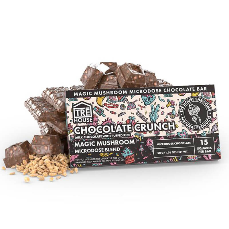 TRĒ House Chocolate Crunch Mushroom Bar, Front view with flavor label and package design visible.