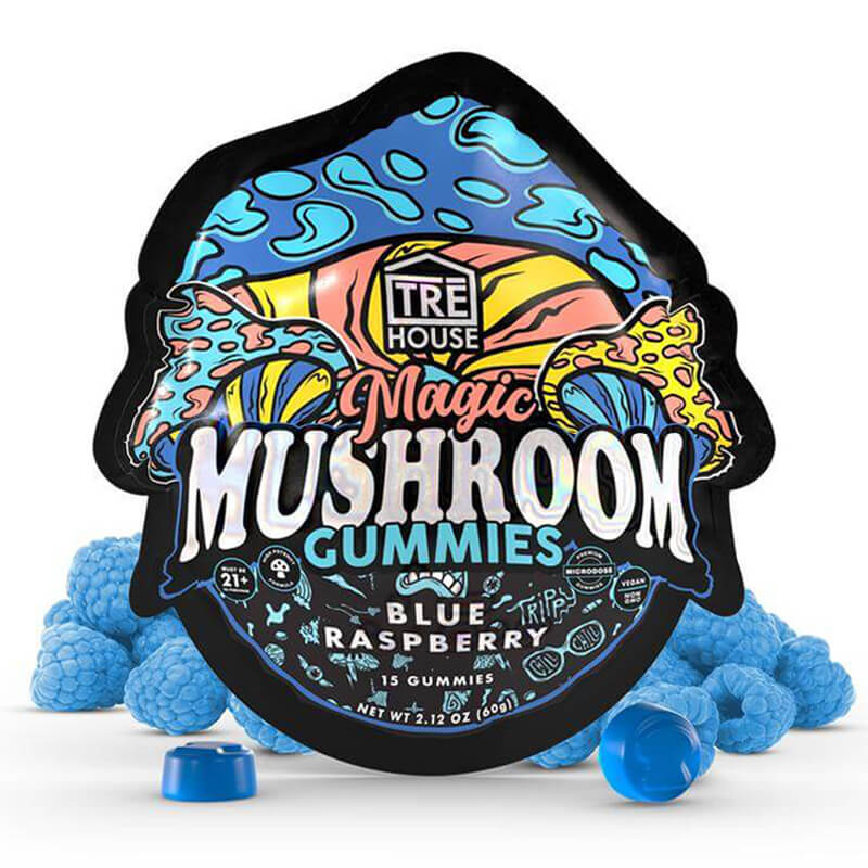 Front of TRĒ House Blue Raspberry Magic Mushroom Gummies bag with bold blue coloring and 15-count label.