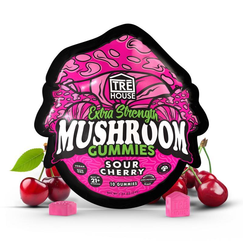 TRĒ House Sour Cherry Gummies extra-strength 10 count bag highlighting upgraded formula and bold sour cherry flavor.