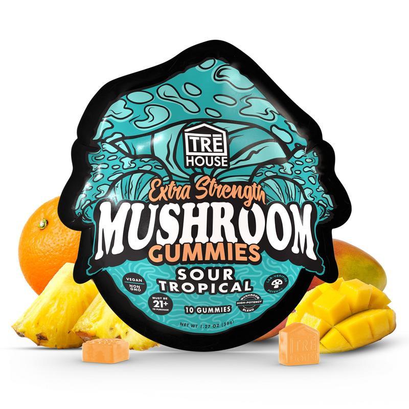 TRĒ House Sour Tropical Gummies extra-strength 10 count bag highlighting upgraded formula and tangy tropical flavor.