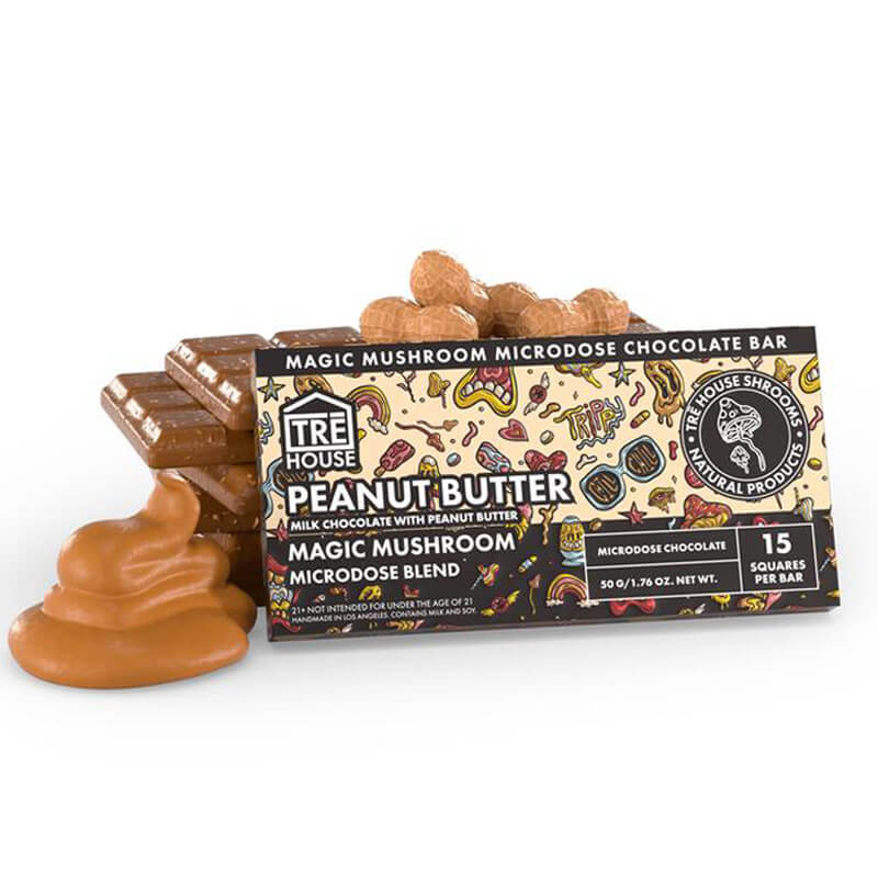Front of TRĒ House Peanut Butter Magic Mushroom Chocolate bar with psychedelic design and 15-square label.