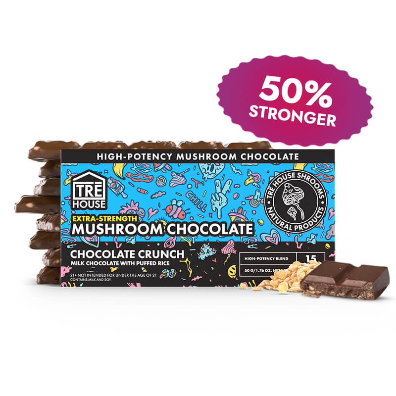 Tre House Extra Strength Magic Mushroom Chocolate Bar in Chocolate Crunch flavor packaging with broken chocolate squares.