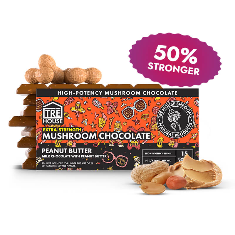 TRĒ House Peanut Butter Chocolate Bar extra-strength packaging highlighting rich peanut butter flavor and 15 breakable squares.