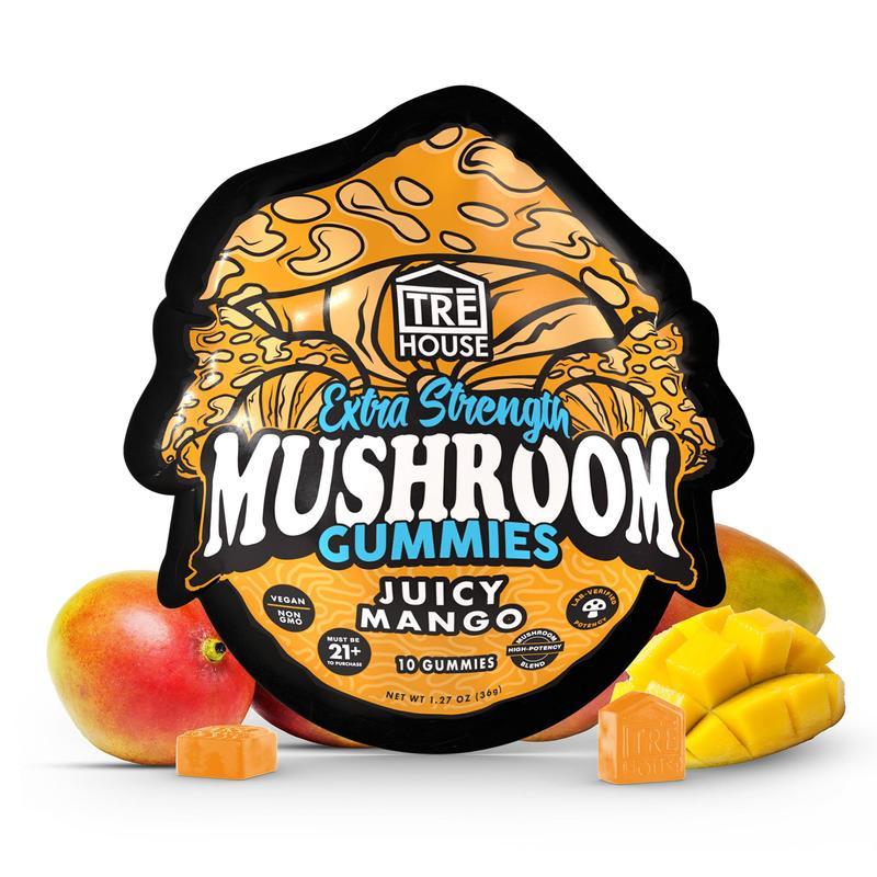 TRĒ House Juicy Mango Gummies extra-strength 10 count bag highlighting upgraded formula and tropical mango flavor.