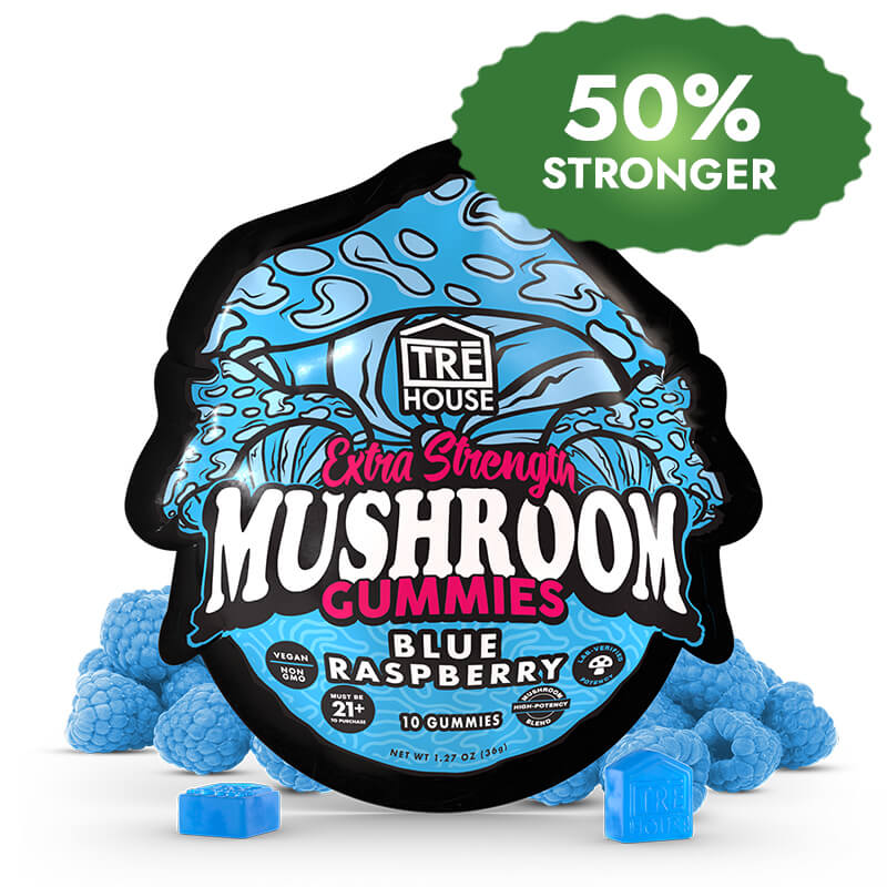 TRE House Blue Raspberry Gummies extra-strength 10 count bag highlighting upgraded formula and bold blue raspberry flavor.