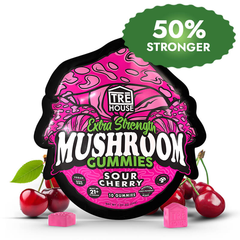 TRĒ House Sour Cherry Gummies extra-strength 10 count bag highlighting upgraded formula and bold sour cherry flavor.