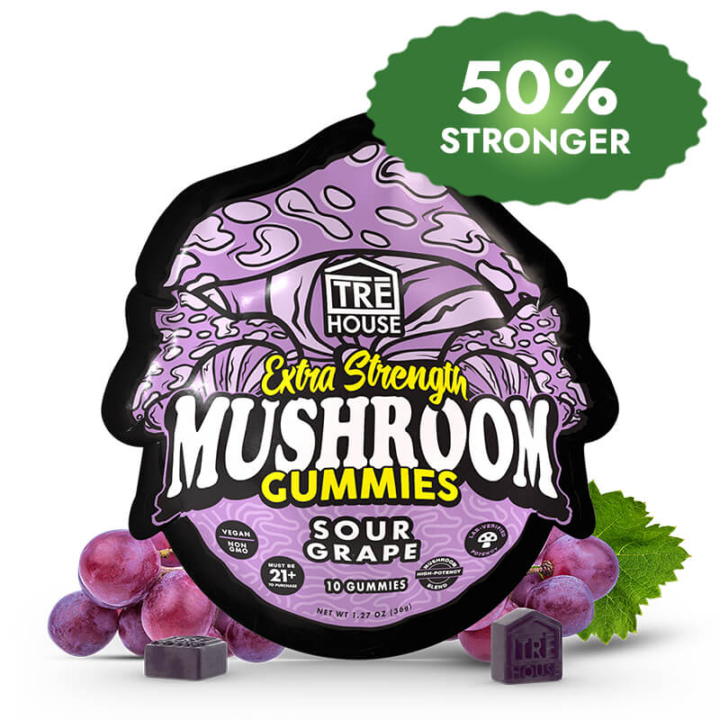 TRĒ House Sour Grape Gummies extra-strength 10 count bag highlighting upgraded formula and bold sour grape flavor.