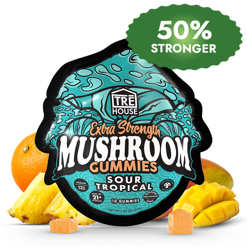 TRĒ House Sour Tropical Gummies extra-strength 10 count bag highlighting upgraded formula and tangy tropical flavor.