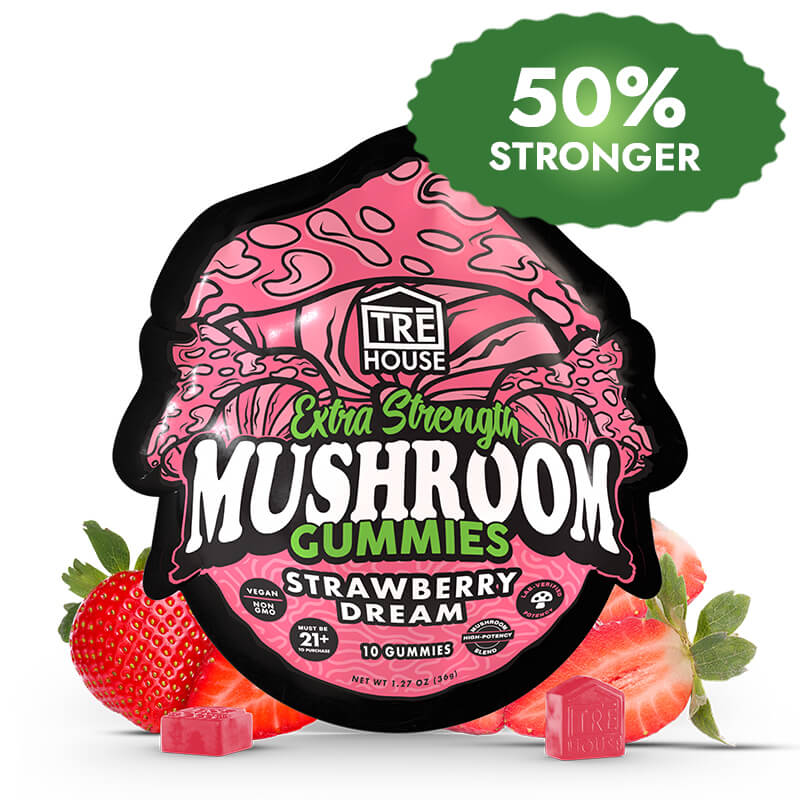 TRĒ House Strawberry Dream Gummies extra-strength 10 count bag highlighting upgraded formula and strawberry flavor.