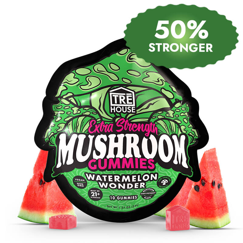 TRĒ House Watermelon Wonder Gummies extra-strength 10 count bag highlighting upgraded formula and juicy watermelon flavor.