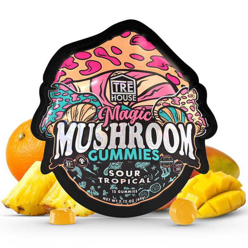 Front of TRĒ House Sour Tropical Gummies pouch featuring vibrant tropical fruit design and dosage details.