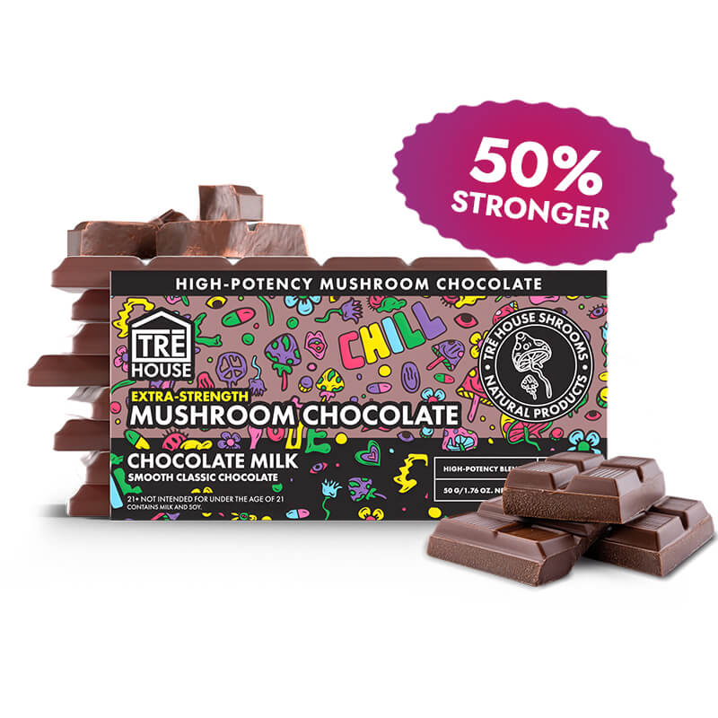 TRĒ House Chocolate Milk Chocolate Bar extra-strength packaging highlighting creamy chocolate milk flavor and 15 breakable squares.
