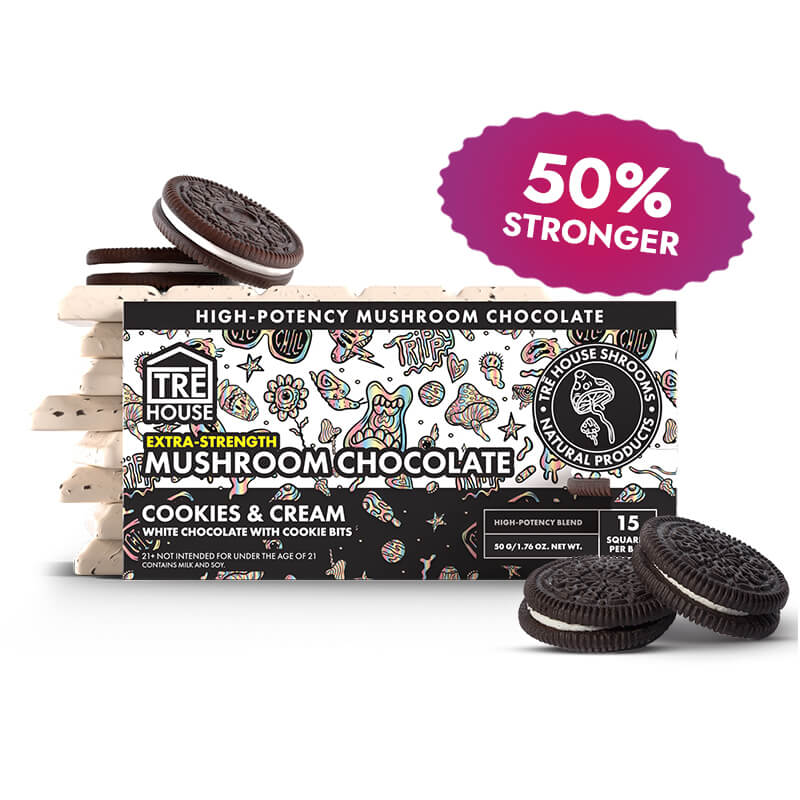 TRĒ House Cookies and Cream Chocolate Bar, extra-strength packaging highlighting dessert flavor, and 15 breakable squares.