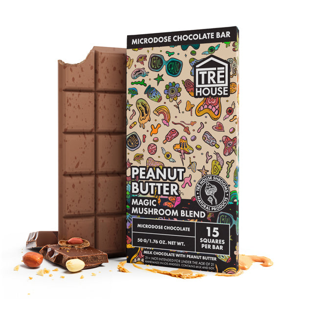  Front of TRĒ House Chocolate Milk Magic Mushroom Chocolate bar with classic brown design and 15-square label.