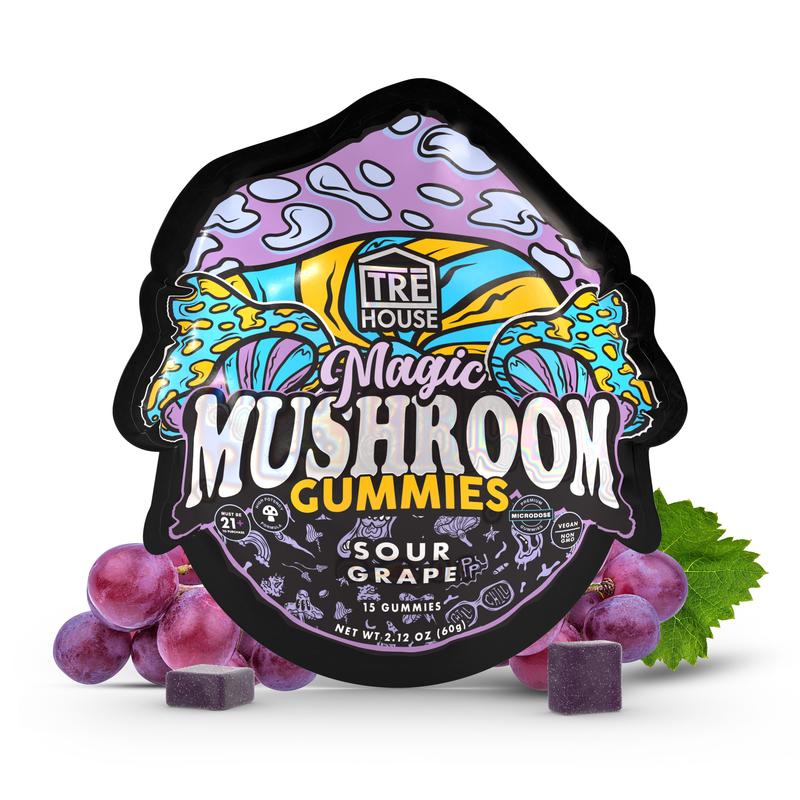  Front of TRĒ House Sour Grape Magic Mushroom Gummies bag with grape-themed artwork and psychedelic graphics.