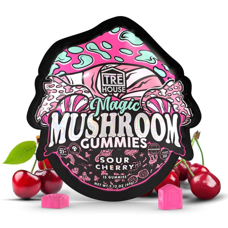  Front of TRĒ House Sour Cherry Gummies with bright red visuals and bold TRĒ House logo.