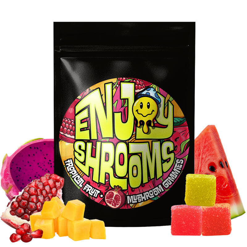 Enjoy Shrooms Bulk Tropical Fruit Mushroom Gummies, 50-count bag, featuring bold tropical flavor and unbeatable bulk value.